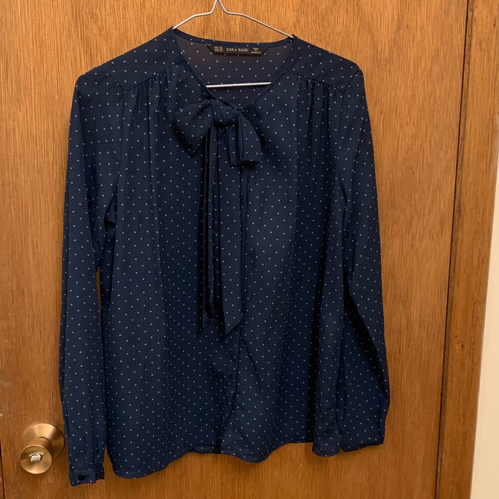 NEW - Zara - Navy neck bow blouse with purple polka dot blouse - Size XS